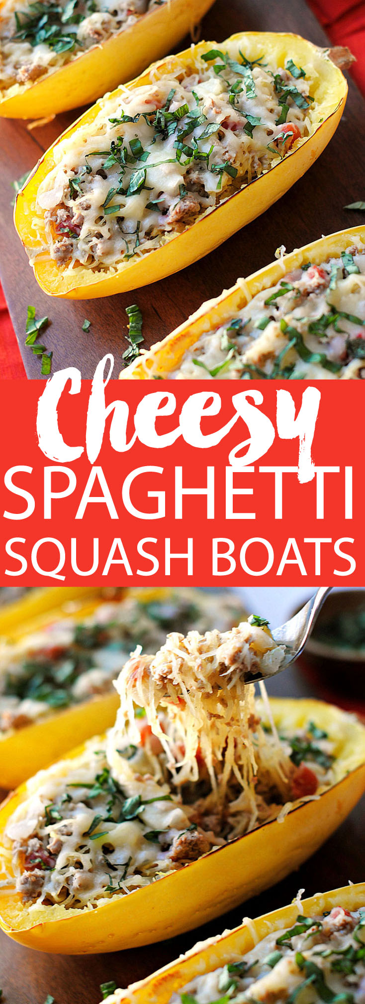 Cheese Spaghetti Squash Boats with Spicy Sausage, a family favorite! | Eat Yourself Skinny