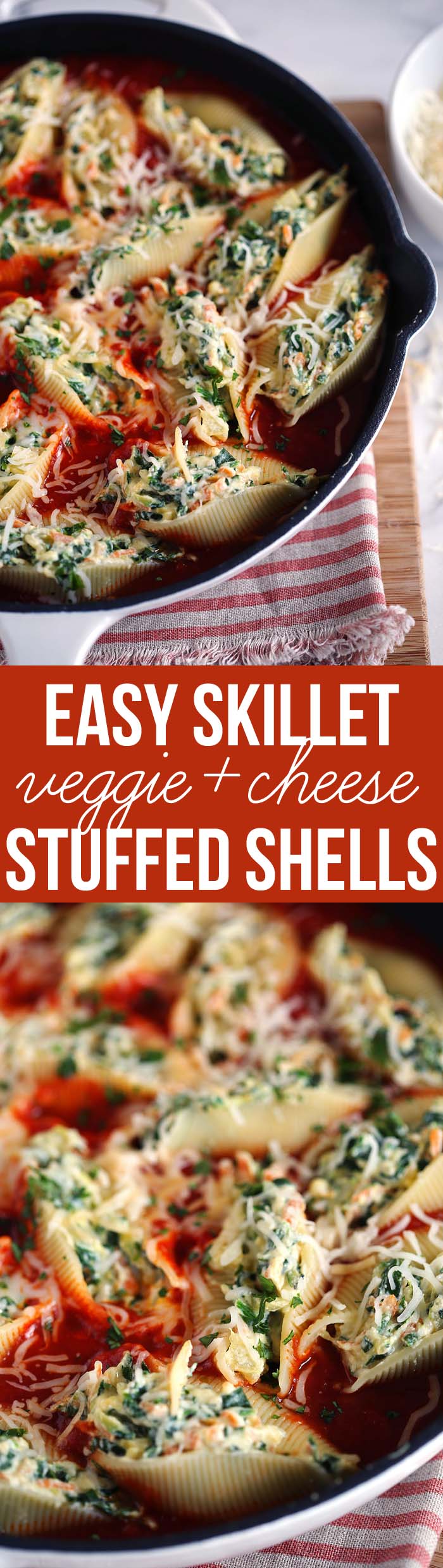 Our family's FAVORITE Skillet Veggie and Cheese Stuffed Shells - the perfect weeknight meal that is delicious and easy to freeze!  eat-yourself-skinny.com