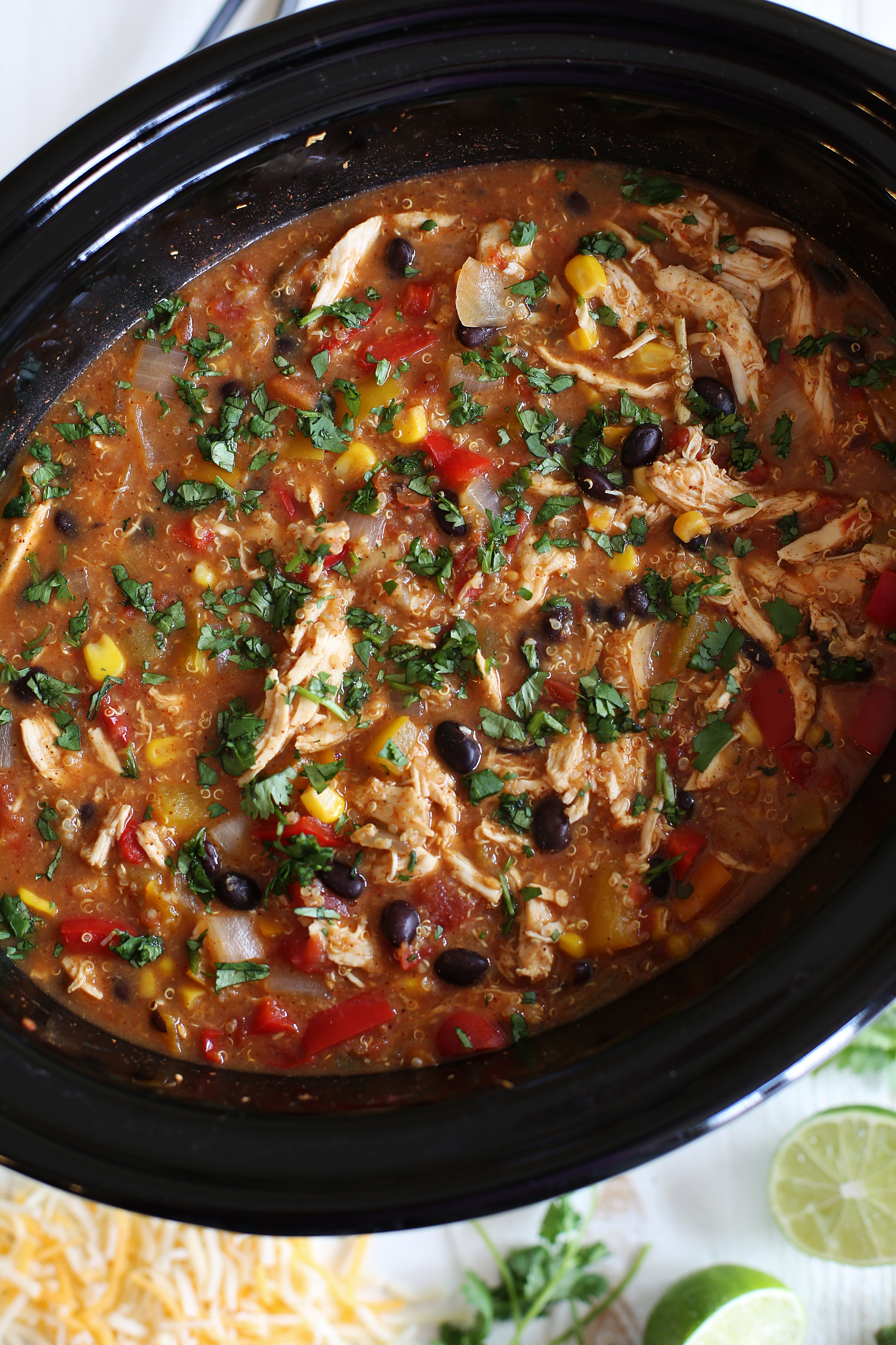 My FAVORITE Slow Cooker Chicken Fajita & Quinoa Soup that is healthy, easy to make and freezer friendly!