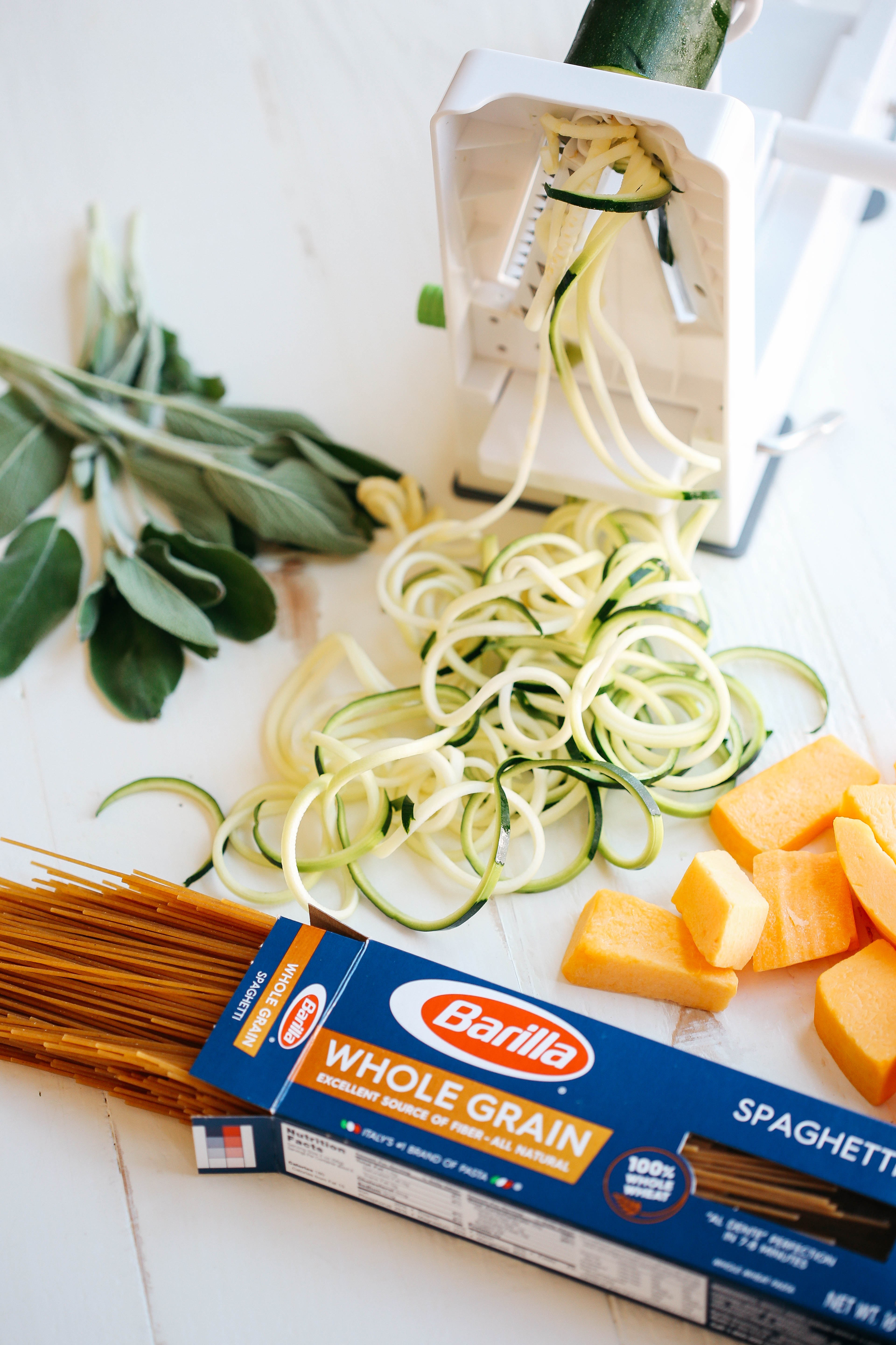 This Butternut Squash & Sage Spaghetti with Zucchini Noodles that is vegan, dairy-free and can easily be made in just 30 minutes using a few simple healthy ingredients!