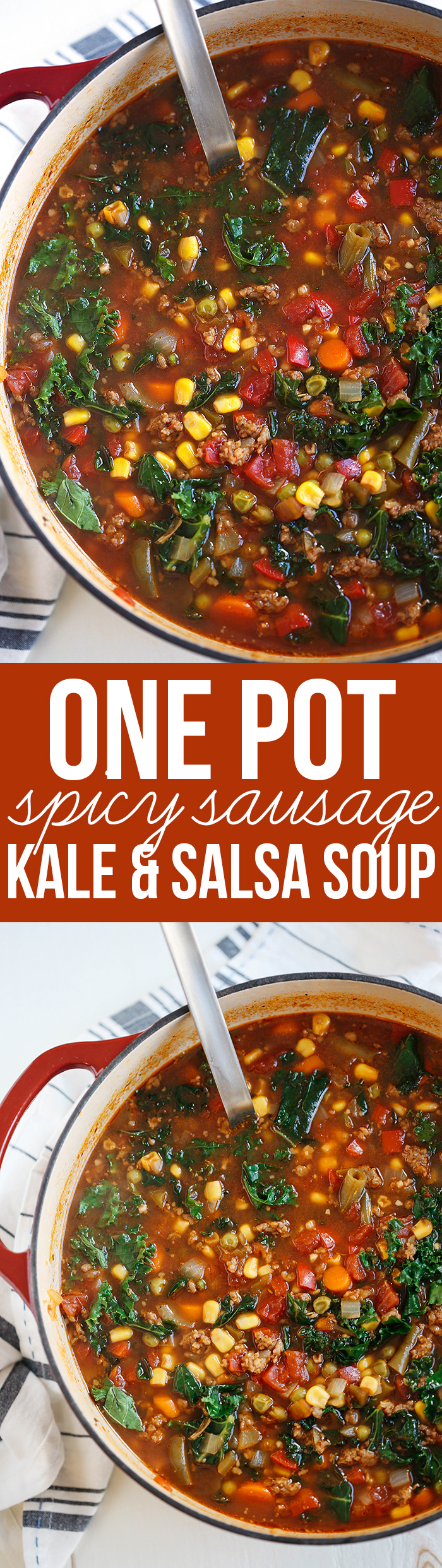 This One Pot Spicy Sausage and Kale Soup is hearty, delicious and literally takes just 5 minutes to throw together in a pot or slow cooker!
